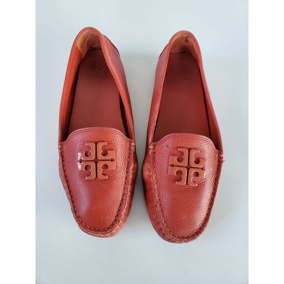 Tory Burch LOWELL 2 Orange Leather Driving Moccasin Loafers Size 9.5M Loafers - Picture 1 of 12